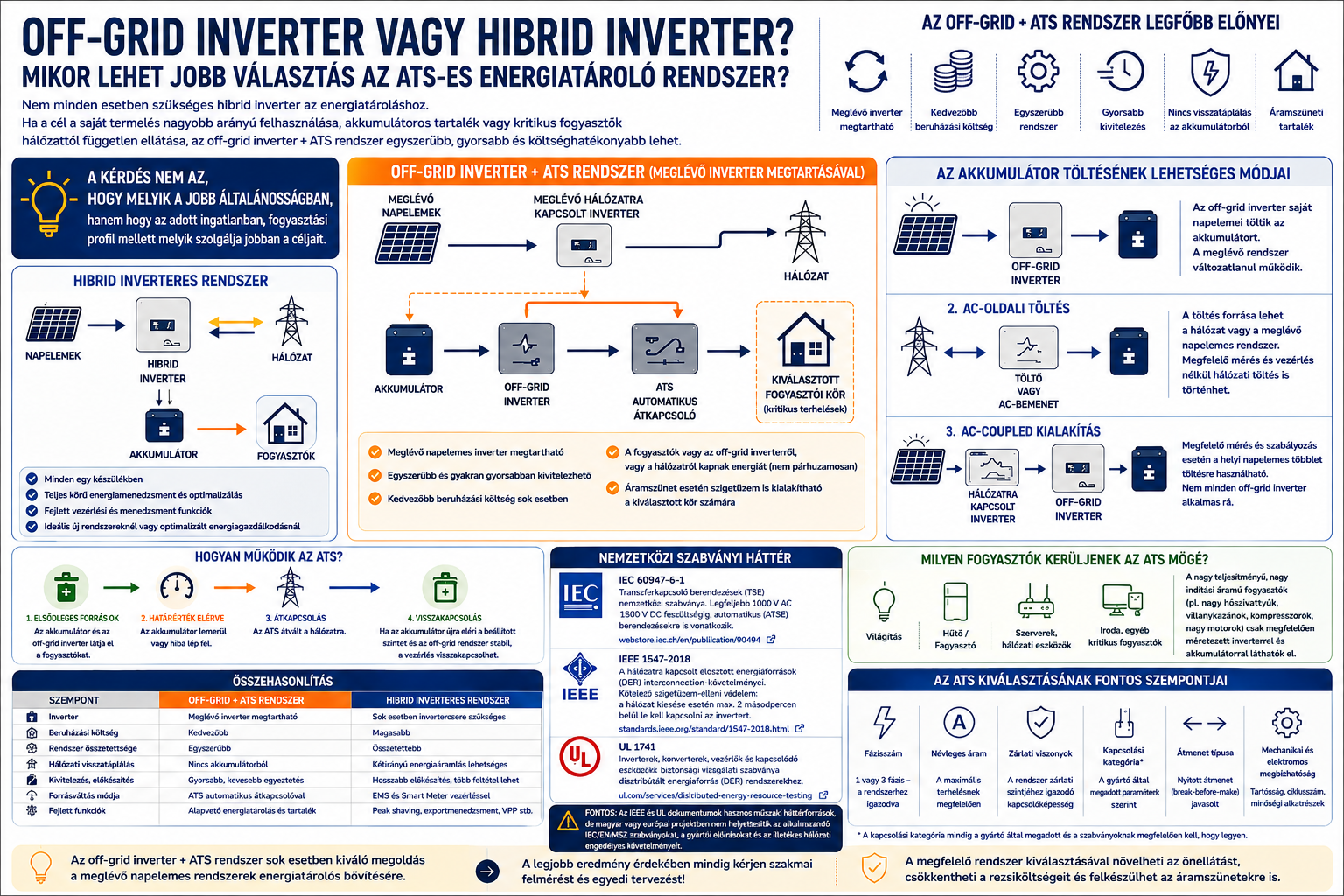 Off-grid inverter és ATS átkapcsoló, valamint hibrid inverteres energiatárolás összehasonlítása